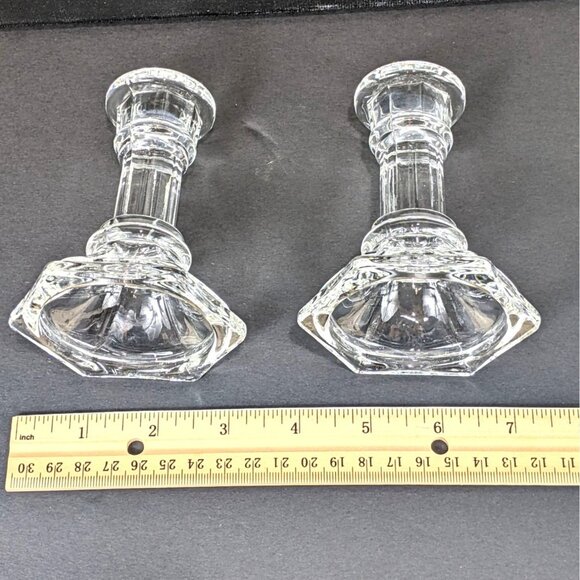 Vintage Clear Glass Hexagonal Candlestick Holders 2 Piece Set Elegant Home Decor - Picture 5 of 6